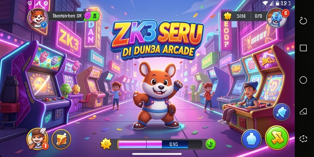 Screenshot gameplay ZK3 menampilkan karakter melawan berbagai rintangan dalam dunia Arcade.